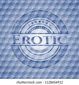 Erotic blue emblem with geometric pattern background.