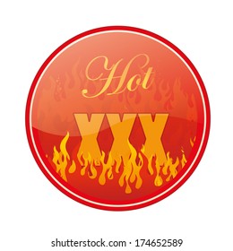 an erotic colored round icon with some text in flames