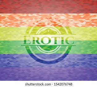 Erotic emblem on mosaic background with the colors of the LGBT flag