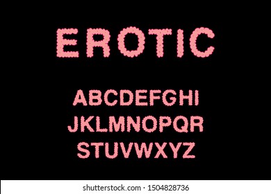 Erotic hand drawn vector abc alphabet in cartoon style pink purple colors skin surface effect black background