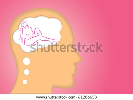 Erotic /seductive/arousing dream. Concept showing a head silhouette thinking dream of a nude lady figure