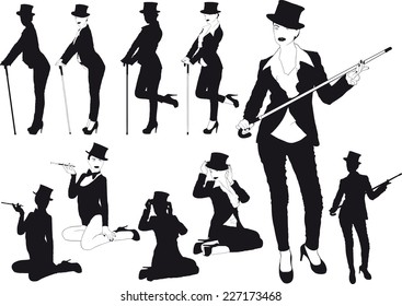 erotic silhouettes slim girl in hat with cane or cigarette