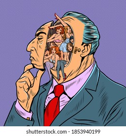 Erotische Gedanken im Kopf eines Mannes. Attraktive Frauen in den alten Mann Fantasien. Pop Art Retro-Illustration kitsch Vintage 50s 60er Jahre Stil