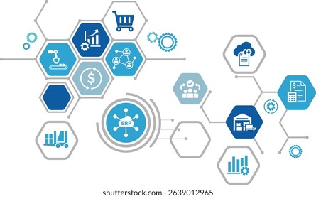 ERP banner. concept for enterprise resource planning with icon of inventory, financials, production, service, purchasing. vector illustration EPS 10.
