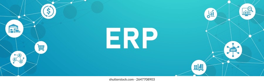 Banner ERP. conceito para planejamento de recursos empresariais com ícone de inventário, finanças, produção, serviço, compras. ilustração vetorial EPS 10.