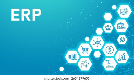 Banner ERP. conceito para planejamento de recursos empresariais com ícone de inventário, finanças, produção, serviço, compras. ilustração vetorial EPS 10.