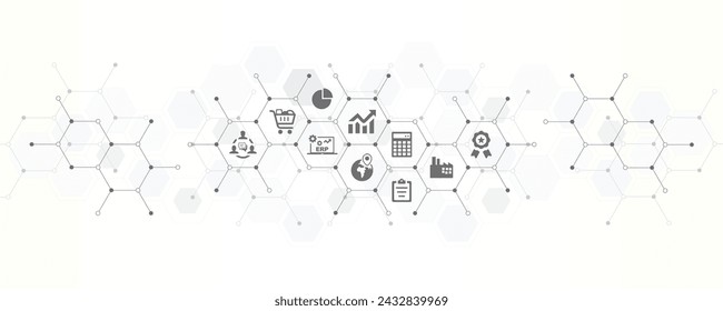 Ilustración vectorial de banner ERP con los iconos del sitio web y el símbolo del sistema de software de planificación de recursos empresariales o interfaz de recursos de gestión de la empresa e información o estrategia corporativa