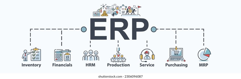 ERP banner web icon for enterprise resource planning with icon of inventory, financials, human resource, production, service and purchasing. Minimal flat vector infographic.