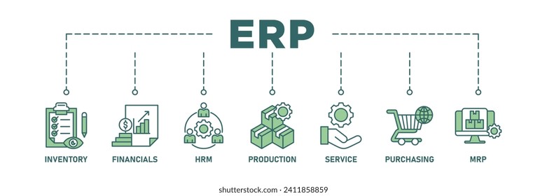 ERP banner web icon set vector illustration concept for enterprise resource planning with icon of inventory, financials, hrm, production, service, purchasing, and mrp