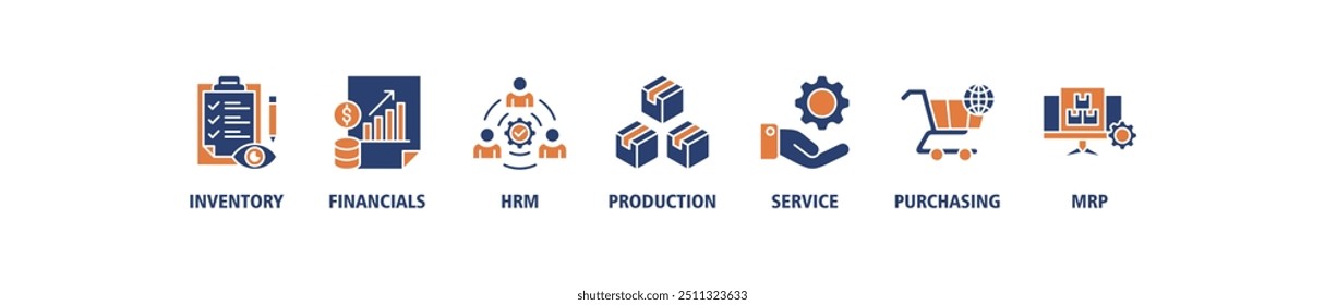 ERP-Banner-Websymbol-Set, Vektorgrafik-Konzept für die Planung von Enterprise-Ressourcen mit Symbol für Inventar, Finanzen, hrm, Produktion, Service, Einkauf und mrp Symbolen, die perfekt bearbeitet werden können