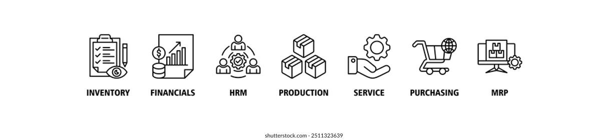 Ícone da Web do banner do ERP define o conceito de ilustração vetorial para o planejamento de recursos empresariais com ícone de inventário, finanças, hrm, produção, serviço, compras e ícones de mrp fundo de símbolo perfeito