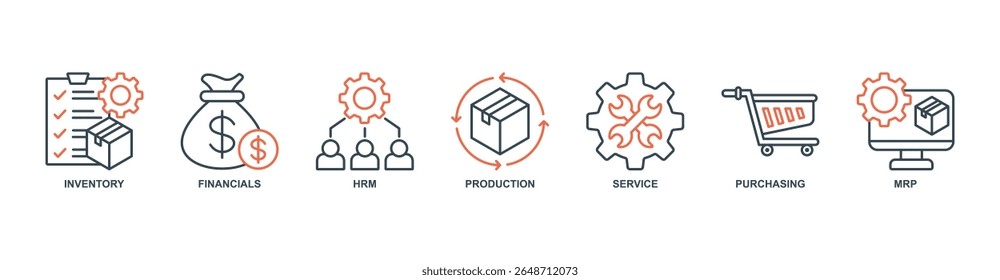 ERP banner web icon set vetorial illustration concept with icon of inventory, financials, hrm, production, service, purchasing, mrp [ícone da Web do banner do ERP com o ícone de inventário, finanças, hrm, produção, serviço, compras]