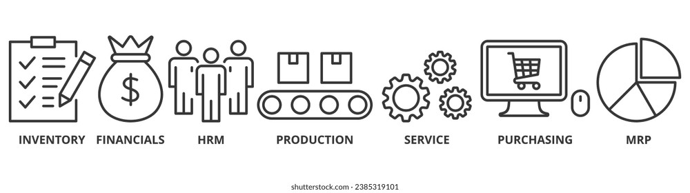 ERP banner web icon vector illustration concept for enterprise resource planning with icon of inventory, financials, hrm, production, service, purchasing, and mrp	