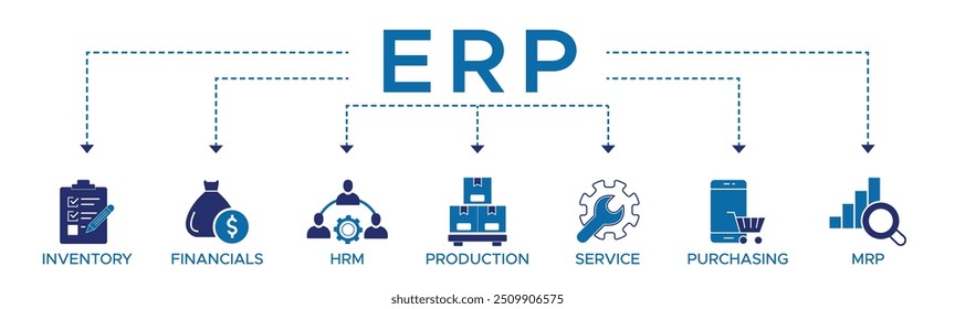 Ilustração vetorial do ícone da Web do banner do ERP para o planejamento de recursos da empresa com ícone e símbolo de compras e MRP de serviço de produção HRM das finanças do inventário.