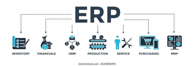 Ilustração vetorial do ícone da Web do banner do ERP para o planejamento de recursos da empresa com ícone de inventário, finanças, hrm, produção, serviço, compras e mrp
