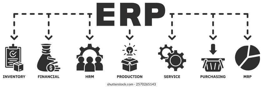 ERP banner web icon vector illustration concept for enterprise resource planning with icon of inventory, financials, hrm, production, service, purchasing, and mrp	