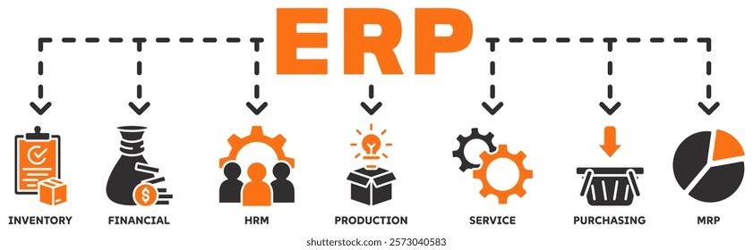 ERP banner web icon vector illustration concept for enterprise resource planning with icon of inventory, financials, hrm, production, service, purchasing, and mrp	
