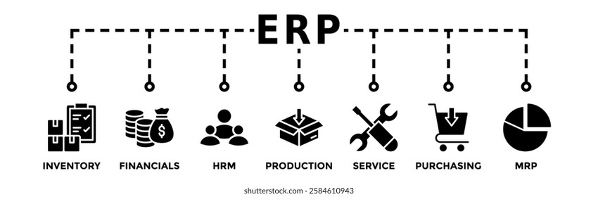 ERP banner web icon vector illustration concept for enterprise resource planning with icon of inventory, financials, hrm, production, service, purchasing, and mrp