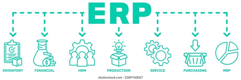 ERP banner web icon vector illustration concept for enterprise resource planning with icon of inventory, financials, hrm, production, service, purchasing, and mrp