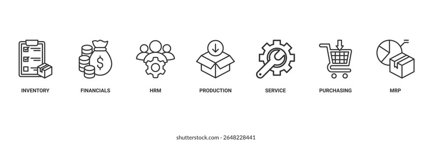 Ilustração vetorial do ícone da Web do banner do ERP para o planejamento de recursos da empresa com ícone de inventário, finanças, hrm, produção, serviço, compras e mrp