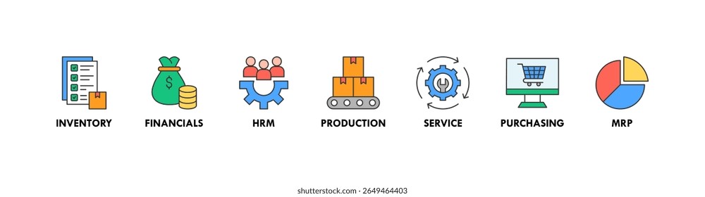 Ilustração vetorial do ícone da Web do banner do ERP para o planejamento de recursos da empresa com ícone de inventário, finanças, hrm, produção, serviço, compras e mrp