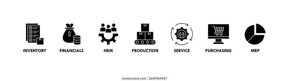 Ilustração vetorial do ícone da Web do banner do ERP para o planejamento de recursos da empresa com ícone de inventário, finanças, hrm, produção, serviço, compras e mrp