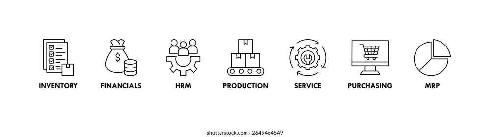 Ilustração vetorial do ícone da Web do banner do ERP para o planejamento de recursos da empresa com ícone de inventário, finanças, hrm, produção, serviço, compras e mrp