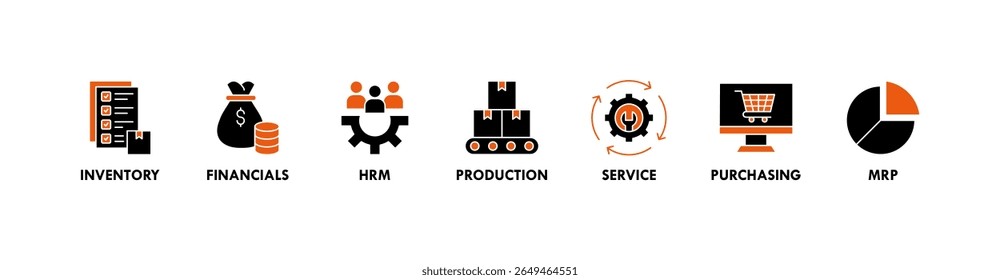 Ilustração vetorial do ícone da Web do banner do ERP para o planejamento de recursos da empresa com ícone de inventário, finanças, hrm, produção, serviço, compras e mrp