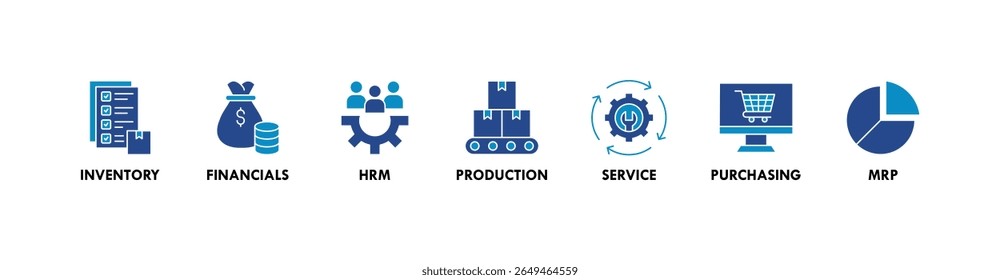 Ilustração vetorial do ícone da Web do banner do ERP para o planejamento de recursos da empresa com ícone de inventário, finanças, hrm, produção, serviço, compras e mrp