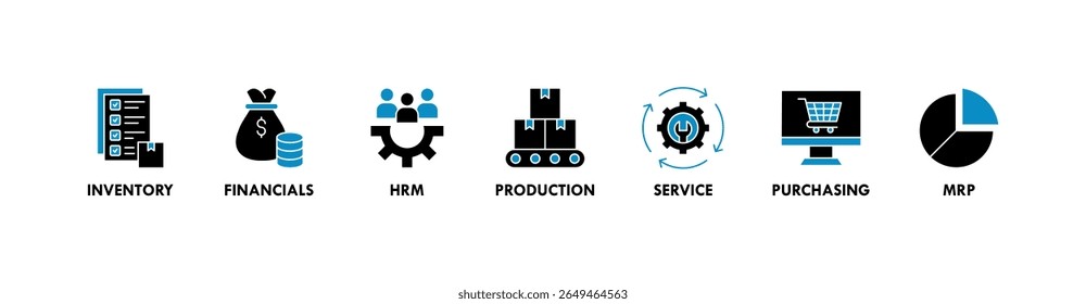 Ilustração vetorial do ícone da Web do banner do ERP para o planejamento de recursos da empresa com ícone de inventário, finanças, hrm, produção, serviço, compras e mrp