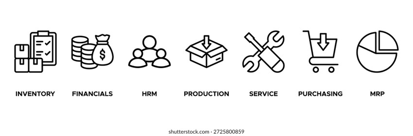 Concepto de Ilustración vectorial de íconos de Web de Anuncio ERP para la planificación de recursos de Empresa con ícono de inventario, finanzas, recursos humanos, producción, servicio, compras y mrp
