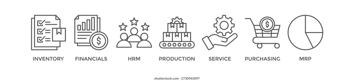 Concepto de Ilustración vectorial de ícono de Web de Anuncio ERP para la planificación de recursos de Empresa con ícono de inventario, finanzas, recursos humanos, producción, servicio, compras y MRP