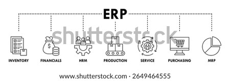 ERP banner web icon vector illustration concept for enterprise resource planning with icon of inventory, financials, hrm, production, service, purchasing, and mrp