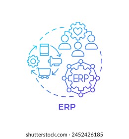 Blaues ERP-Farbverlaufskonzept-Symbol. Business-Lösungen-Ressourcenplanung. Intelligente Fabriktechnik. Darstellung der runden Formlinie. Abstrakte Idee. Grafikdesign. Einfach zu bedienen in Infografik, Artikel