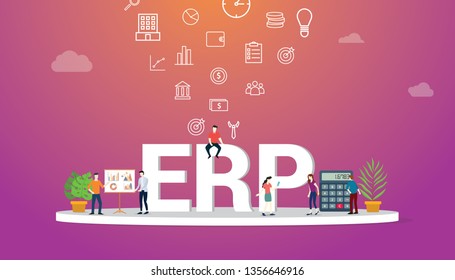 Erp Business Concept With Team People Working Together With Big Text And Icon - Vector Illustration