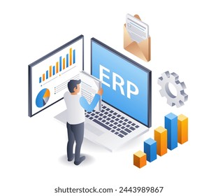 ERP gestión empresarial, ilustración 3d isométrica plana