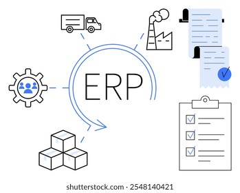 ERP in the center surrounded by icons of a gear, factory, receipts, truck, checklist, and boxes in a minimalistic style. Ideal for highlighting business, logistics, manufacturing, management