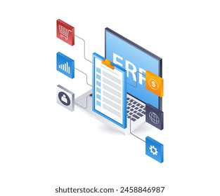 ERP computer developer network business technology, infographic illustration 3d flat isometric