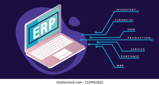 ERP concept banner in neon and purple colors. Vector illustration 