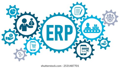 Ilustração do vetor dos ícones da web do site do banner do conceito de ERP com ícones de inventário, finanças, hrm, produção, serviço, compras, mrp, em ícones editáveis de fundo branco,