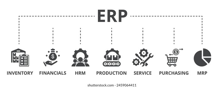 ERP-Konzeptsymbol-Illustration enthält Lager, Finanzen, HRM, Produktion, Service, Einkauf und MRP.