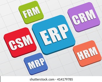 ERP, CSM, FRM, CRM, HRM, MRP - white text in colorful flat design banners, business management systems concept, vector