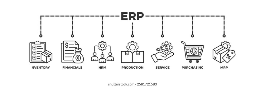 erp, enterprise, management, system, software, resource icon set. Outline icons collection. Simple vector illustration