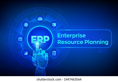 ERP. Enterprise resource planning business and modern technology concept on virtual screen. Corporate Company Management Business. Robotic hand touching digital interface. Vector illustration.