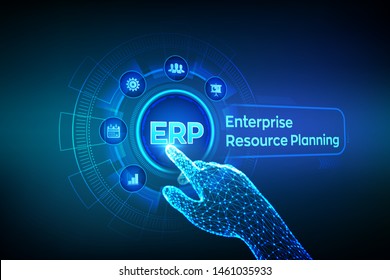 ERP. Enterprise Resource Planning Business And Modern Technology Concept On Virtual Screen. Corporate Company Management Business. Robotic Hand Touching Digital Interface. Vector Illustration.