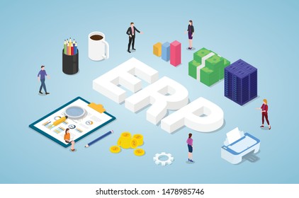erp enterprise resource planning concept with team people and asset company with modern isometric style - vector