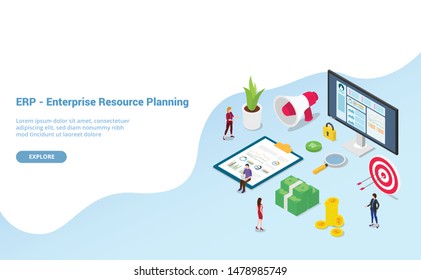 erp enterprise resource planning concept with team people and asset company with modern isometric style for website template or landing homepage - vector