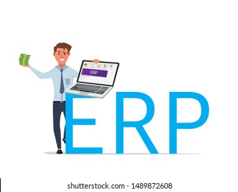 ERP, Enterprise Resource Planning concept vector. Businessman holding a laptop having ERP text on it and money on the other hand as a symbol of profit with big ERP text. Affordable ERP banner. 