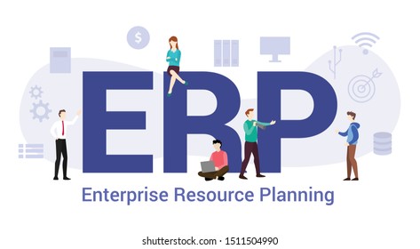 erp enterprise resource planning concept with big word or text and team people with modern flat style - vector