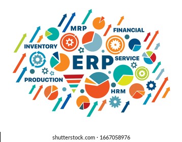 ERP. Enterprise Resource Planning Concept. Banner With Keywords And Icons. Minimal Color Vector Infographic In Flat